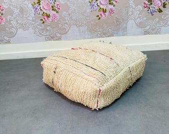 Vintage Knotted Wool Ottoman Pouf: Moroccan Berber Floor Pillow Cover
