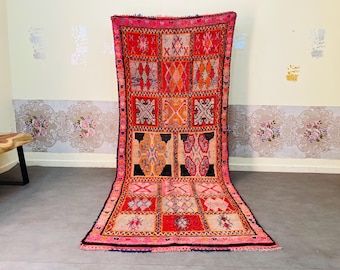 Ręcznie robiony wełniany dywan marokański 4,4 x 7 stóp – wystrój wnętrz w stylu berberyjsko-boho – plemienny wzór w stylu vintage – przytulny dywan