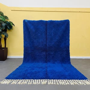 Moroccan Rug Hand Knotted - Royal Blue Berber Wool Rug - Solid Color Beni Ourain Style - Plush Shag Rug - Fringe Rug