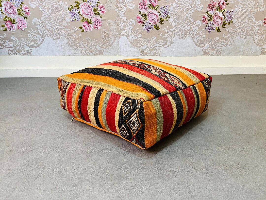 ヴィンテージ モロッコ ウール プーフカバー：ボヘミアン フロア