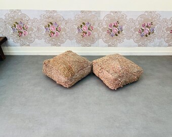Set of 2 Handwoven Wool Moroccan Poufs: Boho Floor Seating