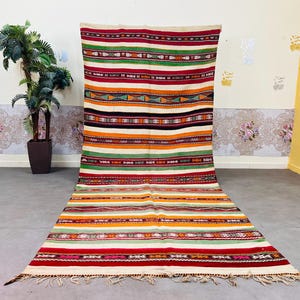 Vintage Moroccan Kilim Runner 5.6x12.8 Ft - Colorful Berber Stripe Flatweave Rug - Long Tribal Hallway Carpet