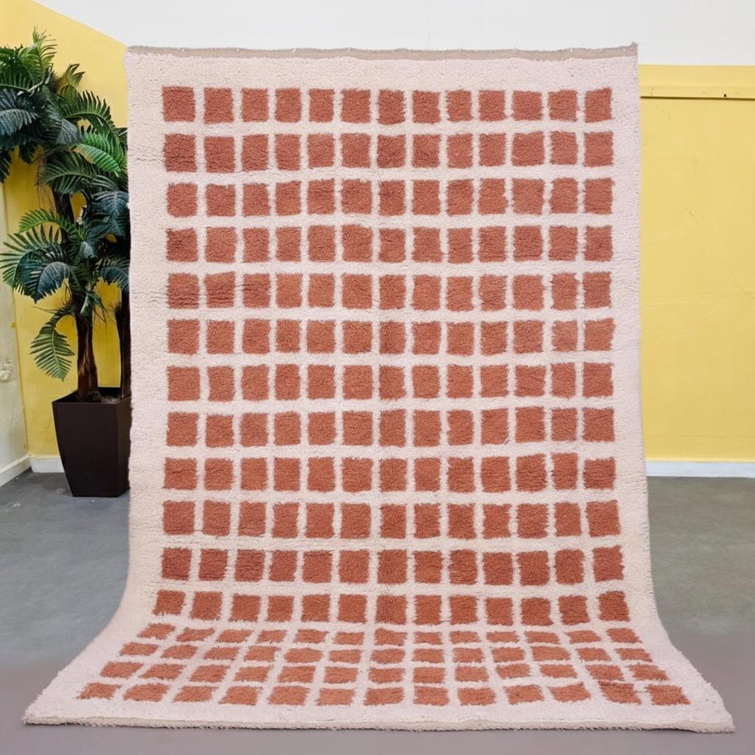 Terracotta Grid Wool Rug - Cream Berber Moroccan Rug - Checker Block ...