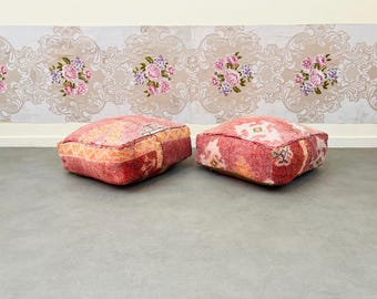 Set of 2 Moroccan Kilim Poufs: Vintage Berber Ottoman Pillows