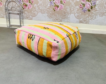 Stanning Ottoman Kilim Pouf, Floor Pillow , Cover Cushion, Moroccan Pouf, Unique Pouffe,24X24X8 Inches