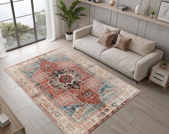Ethnic Area Framed Vintage Rug, Runner, Mat; Eye - Catching Colorful Rug Design Low Pile Soft Rug, Anti-Slip cotton back