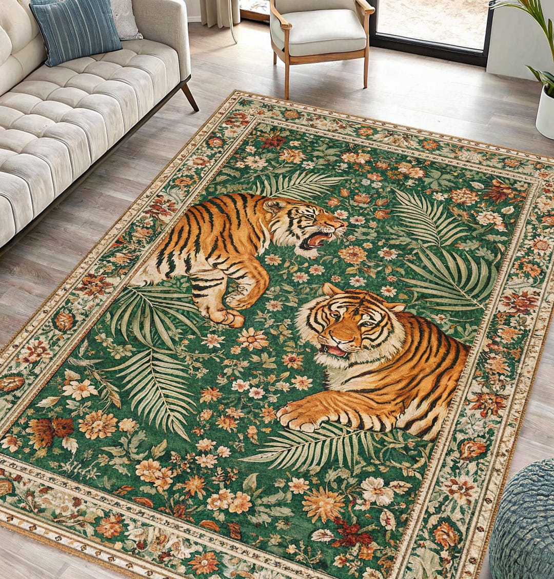 Tiger Print Rug – Washable Non-slip Woven Carpet – Boho Animal Pattern ...