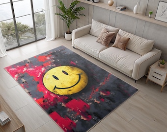 Smiley Face Pop Art Rug – Modern Grunge Yellow Smile Carpet for Living Room | Bold Urban Street Style Area Rug - Smile emoji runner