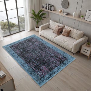 Blue Purple Vintage Rug: Modern Low Pile Washable Area Rug