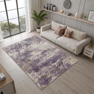 Vintage Purple Area Rug: Low Pile, Non-Slip Cotton Back