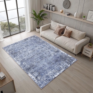 Blue Vintage Area Rug, Runner, Mat; Original Design Modern, Non-Slip Backing, Washable, Low Pile Soft Rug, Anti-Slip cotton back