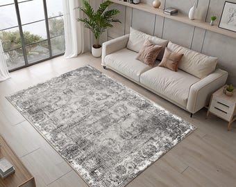 Gray Vintage Area Rug, Runner, Mat; Original Design Modern, Non-Slip Backing, Washable, Low Pile Soft Rug, Anti-Slip cotton back
