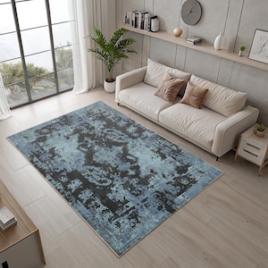 Blue Vintage Area Rug, Runner, Mat; Original Design Modern, Non-Slip Backing, Washable, Low Pile Soft Rug, Anti-Slip cotton back