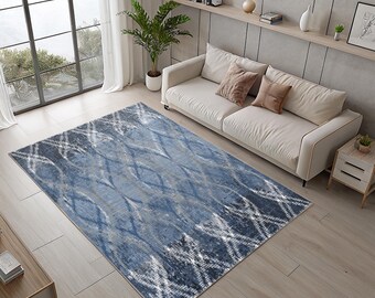 Abstract and Modern Geometric Blue Area Rug, Runner, Mat; Eye - Catching Colorful Rug Design Low Pile Soft Rug, Anti-Slip cotton back