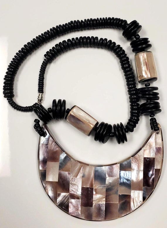 Vintage Abalone Shell and Wood Statement Necklace - image 7