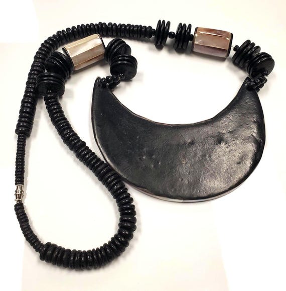 Vintage Abalone Shell and Wood Statement Necklace - image 3