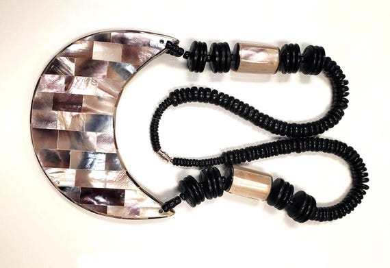 Vintage Abalone Shell and Wood Statement Necklace - image 4