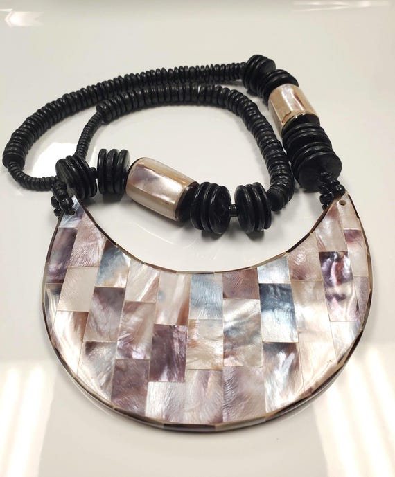 Vintage Abalone Shell and Wood Statement Necklace - image 1