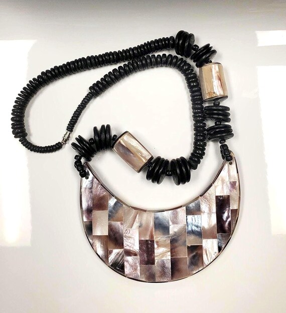 Vintage Abalone Shell and Wood Statement Necklace - image 2