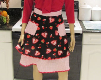 DOUBLE HALF APRON, modern style, hand made , Heart/Gingham in black, red and pink,two pockets