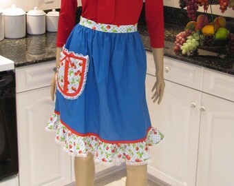 WOMEN'S HALF APRON, red ,white and Blue Cherries, cotton, solid blue with red cherries print and lace accents, one pocket, ruffled hemline