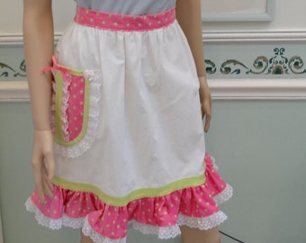 WOMENS HALF APRON, White with hot pink polka dot fabric, lace trimming, all cotton, extra long ties