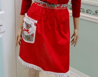 RED HALF APRON, black and white check trim with red cherries motif, white bias tape trim, white lace and red satin bows,one pocket