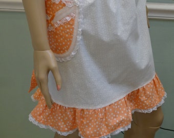 WOMEN'S HALF APRON, White with peach/orange polka dot fabric ruffle, pocket and waistband,extra long waist ties, 23 inch long