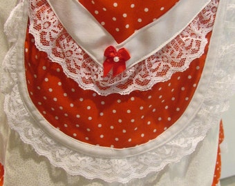 TRADITIONAL HALF APRON : Red and white pol with red and white polka dot trim, can fit larger sized women