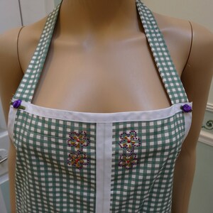 CHEF APRON : Cooking and Gardening apron, green and white check cotton fabric, two large pockets, with floral applique image 9