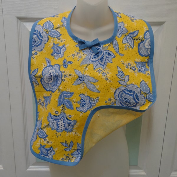 ADULT BIB: Make up bib/cover-up /special needs bib,Yellow and blue floral print/yellowside.