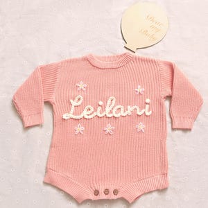 Custom Baby Sweater Romper, Embroidered Name Ruffle Romper, Unique Newborn Baby Girl Outfit, Knitted Baby Onsie With Name, 1st Birthday Gift