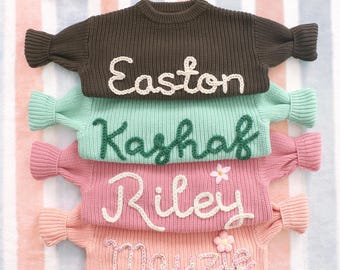 Hand Embroidered Baby Sweater, Personalized Knitted Toddler Jumper, Custom Baby Sweater with Name, New Mom Gift, Baby Shower Gift
