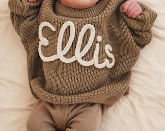 Custom Baby Name Sweater, Personalized Newborn Outfit, Embroidered Knitted Toddler Sweater, First Birthday Gift, Gender Natural