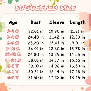 May include: A chart with the text "SUGGESTED SIZE" at the top. The chart lists age ranges from 0-3 months to 4-5 years, with corresponding bust, sleeve, and length measurements in inches. The chart is on a white background with floral accents.