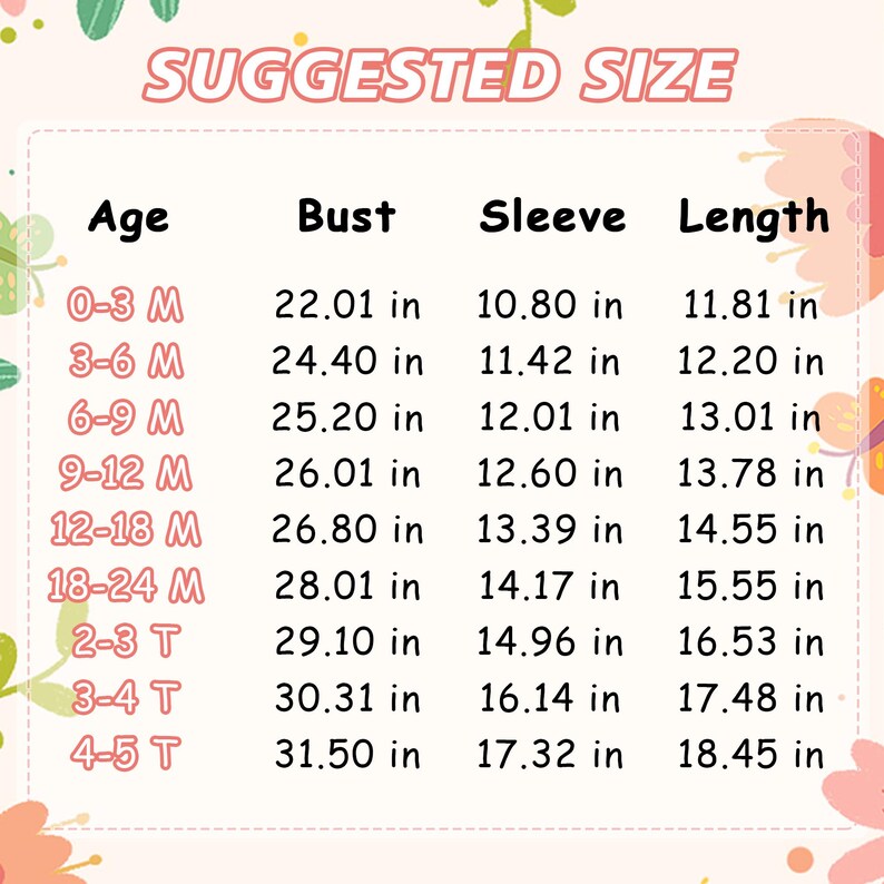 May include: A chart with the text "SUGGESTED SIZE" at the top. The chart lists age ranges from 0-3 months to 4-5 years, with corresponding bust, sleeve, and length measurements in inches. The chart is on a white background with floral accents.