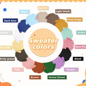 May include: A color chart displaying various sweater colors. The image features a circular arrangement of sweaters in shades like blue, apricot, light khaki, deep beige, green, rose pink, black, purple, brown, and forest green. The text "Sweater colors" is in the center.