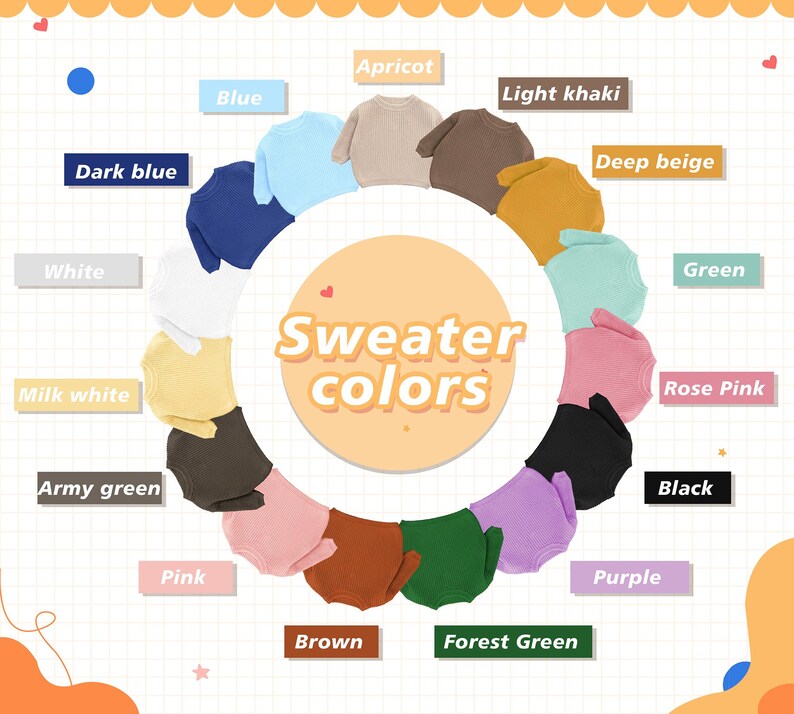 May include: A color chart displaying various sweater colors. The image features a circular arrangement of sweaters in shades like blue, apricot, light khaki, deep beige, green, rose pink, black, purple, brown, and forest green. The text "Sweater colors" is in the center.