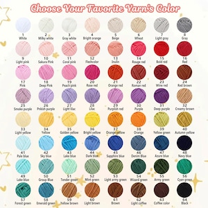 May include: A color chart displays 64 yarn colors, ranging from white to black. Each color is represented by a small ball of yarn and a corresponding number. The text "Choose Your Favorite Yarn's Color" is at the top.