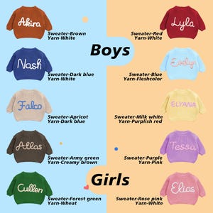 May include: Collection of children's sweaters in various colors, each with a name embroidered on the front. Colors include black, brown, dark blue, apricot, army green, forest green, light khaki, green, red, blue, milk white, purple, rose pink, and deep beige.