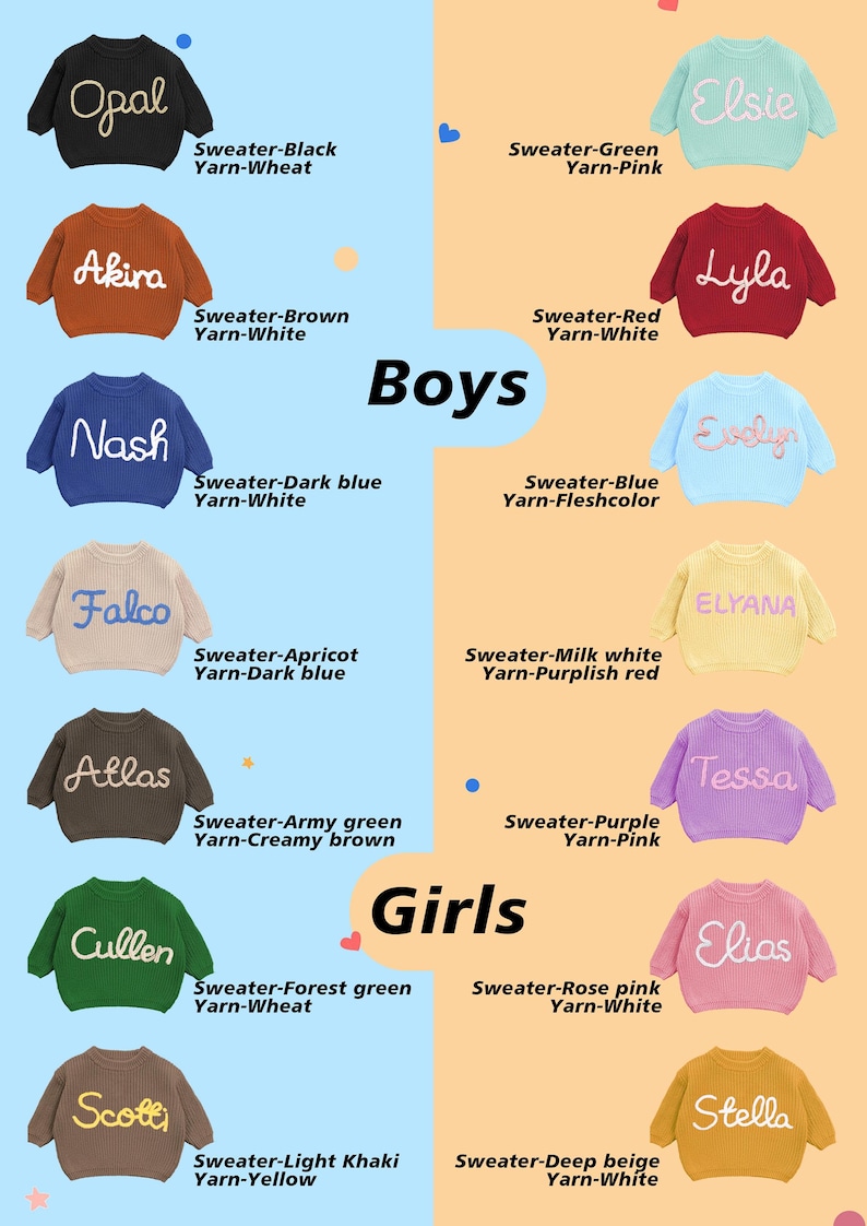 May include: Collection of children's sweaters in various colors, each with a name embroidered on the front. Colors include black, brown, dark blue, apricot, army green, forest green, light khaki, green, red, blue, milk white, purple, rose pink, and deep beige.