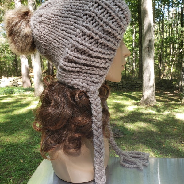 Adult Hand Knit Beige Slouchy Hat, Attached Braided Ties, Attached Faux Fur Pom Pom, Bulky Knit Hat, Unisex Hat, Warm Hand Knit Hat