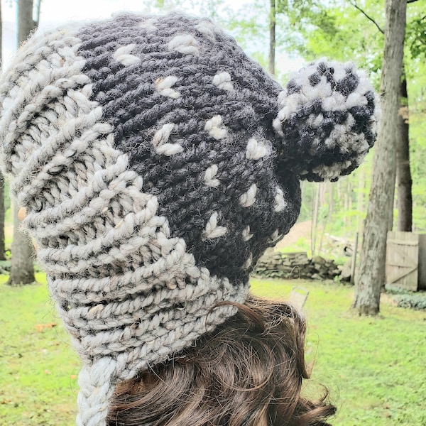 Shades Of Gray Hand Knit Slouchy Hat, Adult Hat, Attached Braided Ties, Attached Multicolored Pom Pom, Warm Winter Fall Hat.