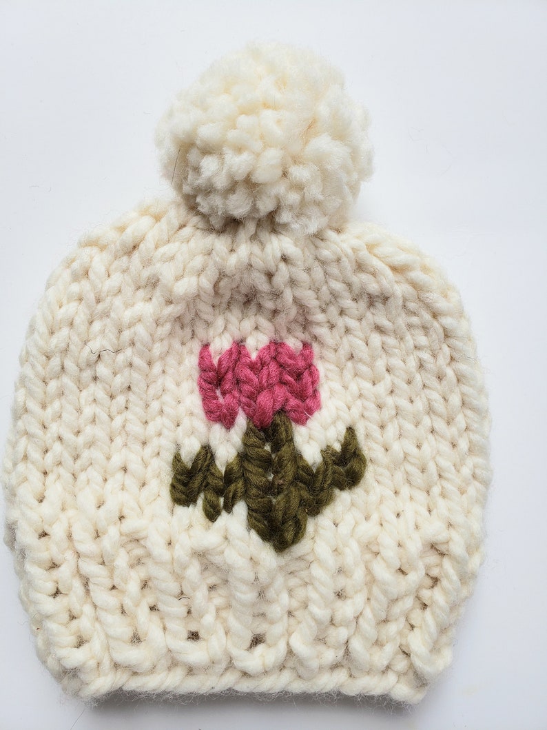 Beanie Hat Attached Pom Pom Toddler Bulky Yarn TeenAdult Sizes. Knit Hat With A Flower Child