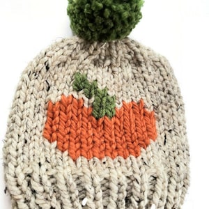 May include: A hand-knitted beanie hat with a pumpkin design. The hat is beige with flecks of black and features an orange pumpkin applique with green leaves. A large green pom-pom tops the hat.