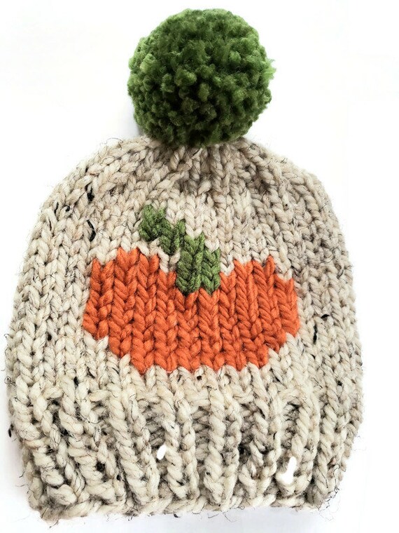 Pumpkin Hat, Fall Winter Hand Knit Hat, Warm Hat, Attached Pom Pom, Adult Unisex Hat,