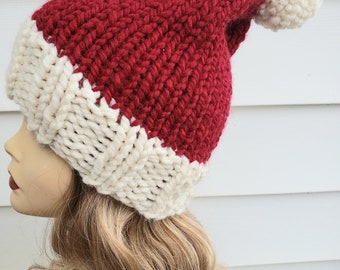 Slouchy Knit Santa Hat Hand Made Hand Knit Bulky Yarn Pom Pom Unisex Adult Hat Great Gift For The Holidays Warm Winter Hat