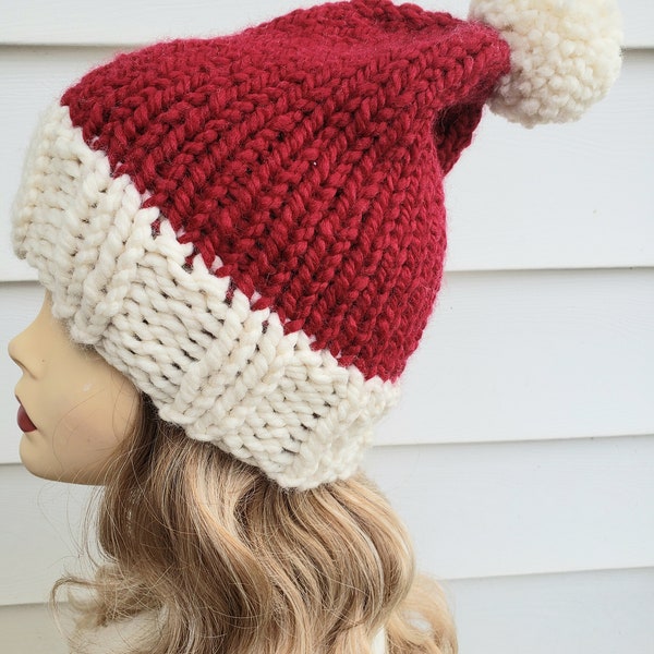 Slouchy Knit Santa Hat Hand Made Hand Knit Bulky Yarn Pom Pom Unisex Adult Hat Great Gift For The Holidays Warm Winter Hat