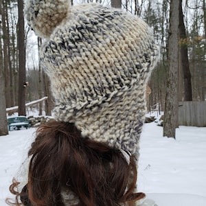 Ear Flap Knitted Beanie Hat,  Hand Made, One Size Fits Most, Attaced Pom Pom, Braids, Warm Hat, Fast Shipping