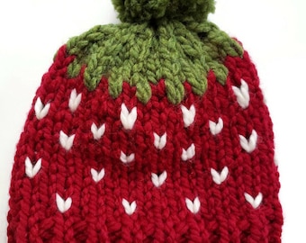 Strawberry Hat, Hand Knit Hat, Fun Hat To Wear, Warm Hat, Attached Pom Pom, Many Sizes Available From 0-3 Months To Adult